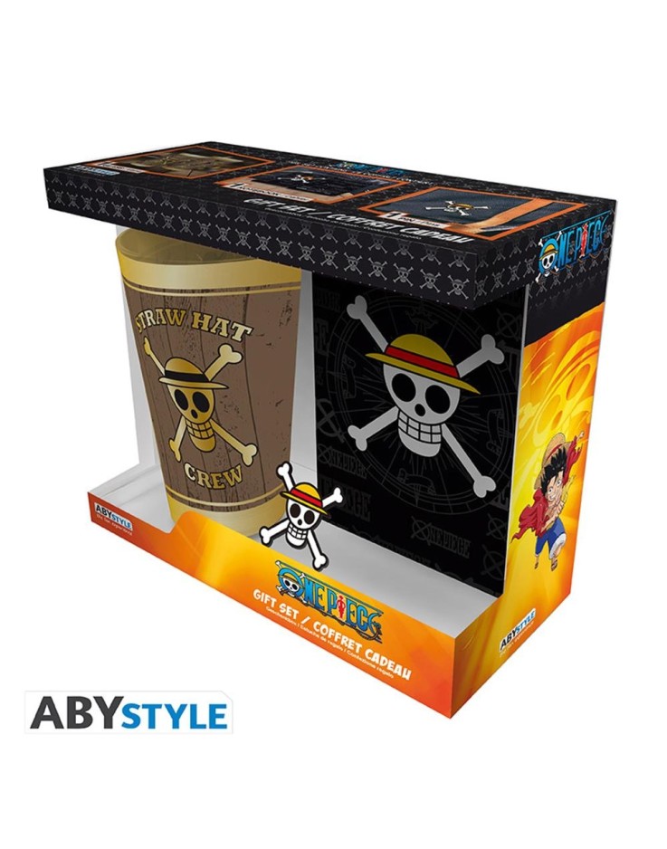 One Piece Skull 400ml Glass & A6 Notebook & Pin Badge Gift Set